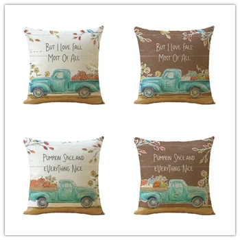 

Light Blue Car Letter Printed Linen Pillowcase Christmas Gift Holiday Decor Cushion Cover Retro Thanksgiving Pumpkin Pillowcover