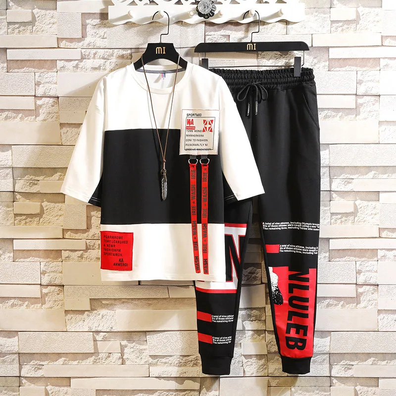 

2019 Spring And Summer New Style Casual Printed Letter Mixed Colors Two-Piece Set-Style Half-sleeve Shirt T-shirt Trousers Set D