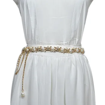 

GAOKE Belts for Women Gold Metal Chain Stretchy Strap Elegant Waist Belt With Pearls Designer Metal Thin Belts ceinture femme