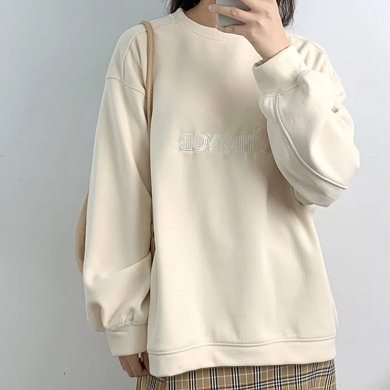 Mooirue Autumn Women Loose Sweatshirt Solid Color Velvet Thickening Letter Embroidery Candy Pullovers