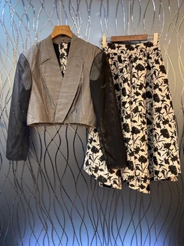 

2020 Early Autumn New Women's Multi-Color Sleeve Panel Long-Sleeved Short Jacket + Printing Skirt Suit 804