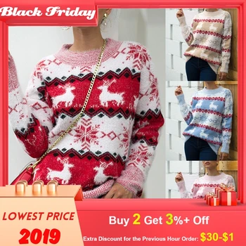 

2019 Sweater Women Christmas Winter Sweater Long Sleeve O-neck Printed Knitting Sweater Tops Pull Femme Nouveaute 2019