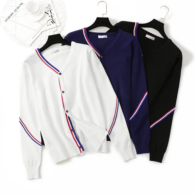 

Women's Striped Sweater Cardigan, V Neck, Long Sleeve, Knitted Jacket Coat, Loose Knitwear Tops, Female Fashion, Autumn, Winter