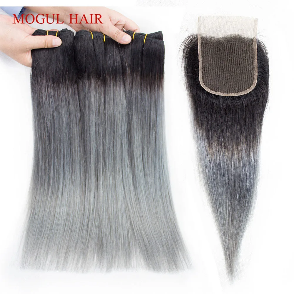 1B Dark Grey Ombre Human Hair 2/3 Bundles with 4x4 Lace Closure Free Part Straight Remy Hair Weave Extension MOGUL HAIR
