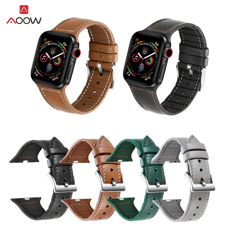 AOOW силиконовый ремешок для часов из натуральной кожи для Apple Watch 38 мм 40 мм 42 мм 44 мм iWatch 1 2 3 4 ремешок на запястье коричневая Серебряная Пряжка
