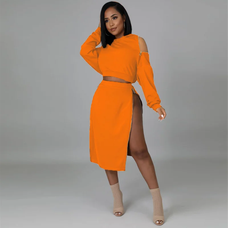 Solid Two Piece Dress Suits Women O-Neck Off Shoulder Long Sleeve Crop Hoodies and Side Zipper High Split Skirt Suit Club Outfit