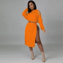 

Solid Two Piece Dress Suits Women O-Neck Off Shoulder Long Sleeve Crop Hoodies and Side Zipper High Split Skirt Suit Club Outfit