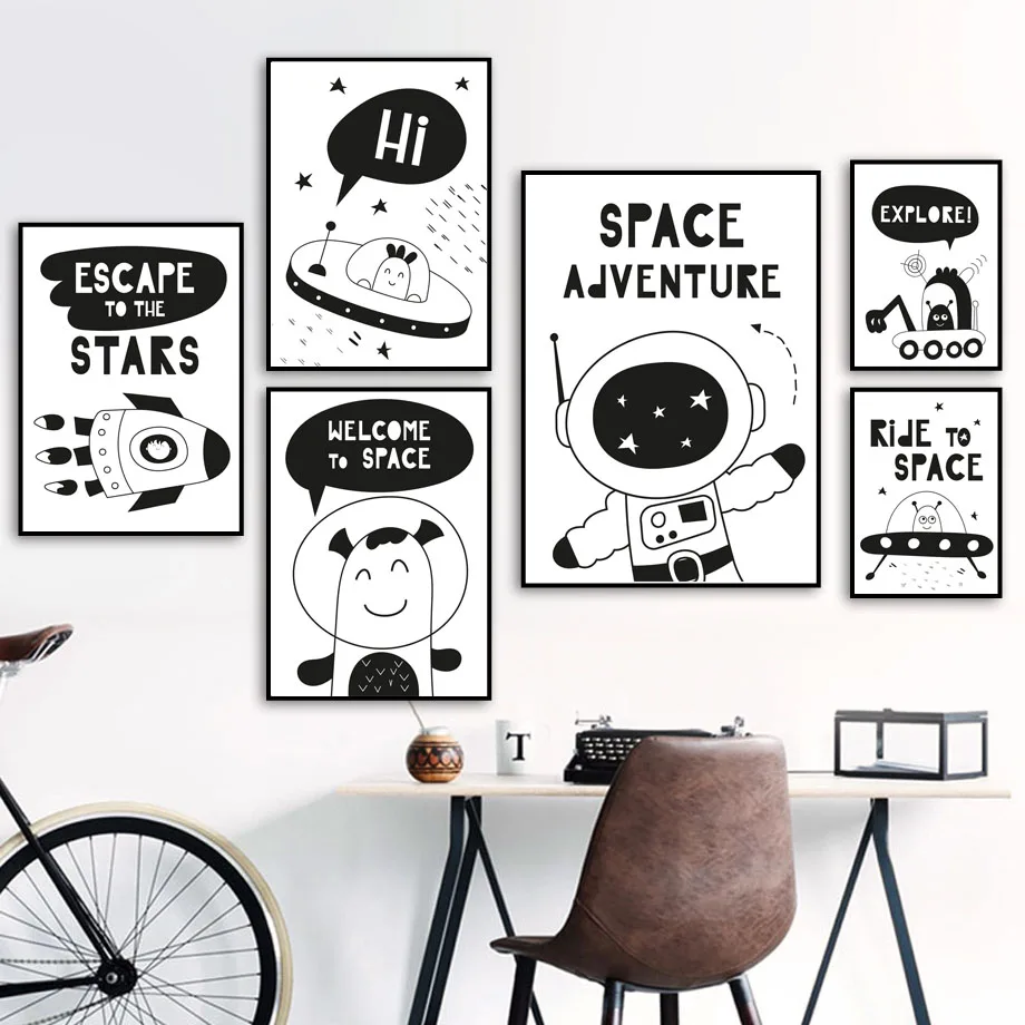 Black-White-Cartoon-Space-Ship-Rocket-Star-Nordic-Posters-And-Prints-Wall-Art-Canvas-Painting-Wall