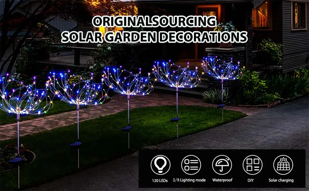 luzes solares ao ar livre festão led luz de fogo de artifício luzes decoração do jardim ao ar livre luzes solares led lâmpada rua guirlanda