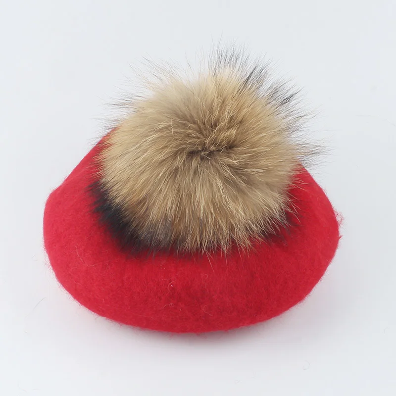 Autumn Winter Wool Beret Real Fur Pompom Beret Hat For Kids Women