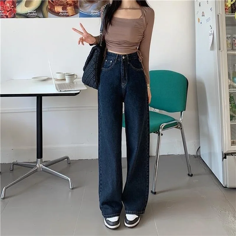 Jean Femme Taille Haute Coupe Droite Baggy - Jambes Larges Élastique - Pantalon Denim Confort Automne/Hiver