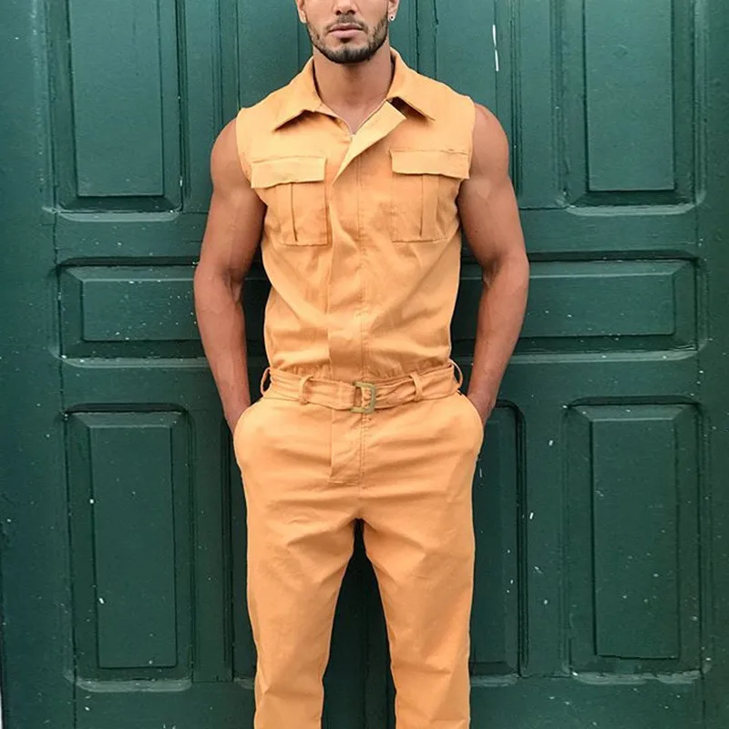 

Fashion Men Jumpsuits Sleeveless Cargo Overalls 2020 New Summer Casual Solid Joggers Streetwear Pants Male Rompers Plus Size