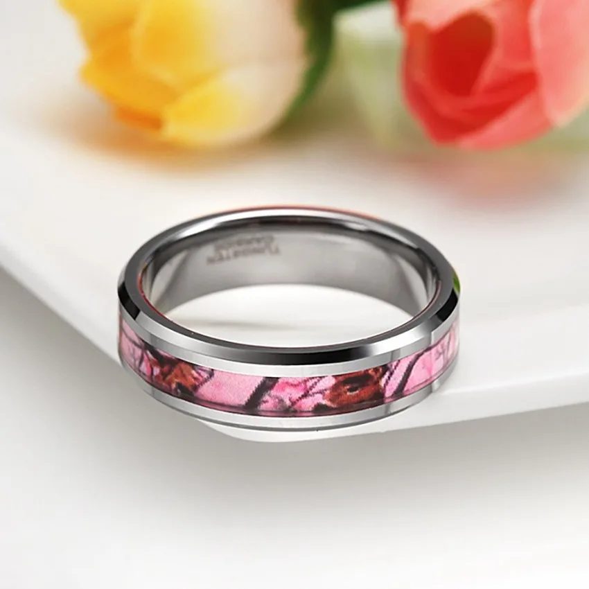 New Fashion Simple 6mm Male Female Couple Ring Camouflage Pink Tungsten Steel Ring Jewelry