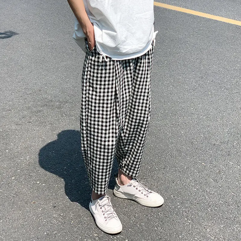 

Spring Summer Plaid Pants Men's Fashion Retro Casual Straight Pants Men Streetwear Wild Loose Wide Leg Pants Mens M-3XL