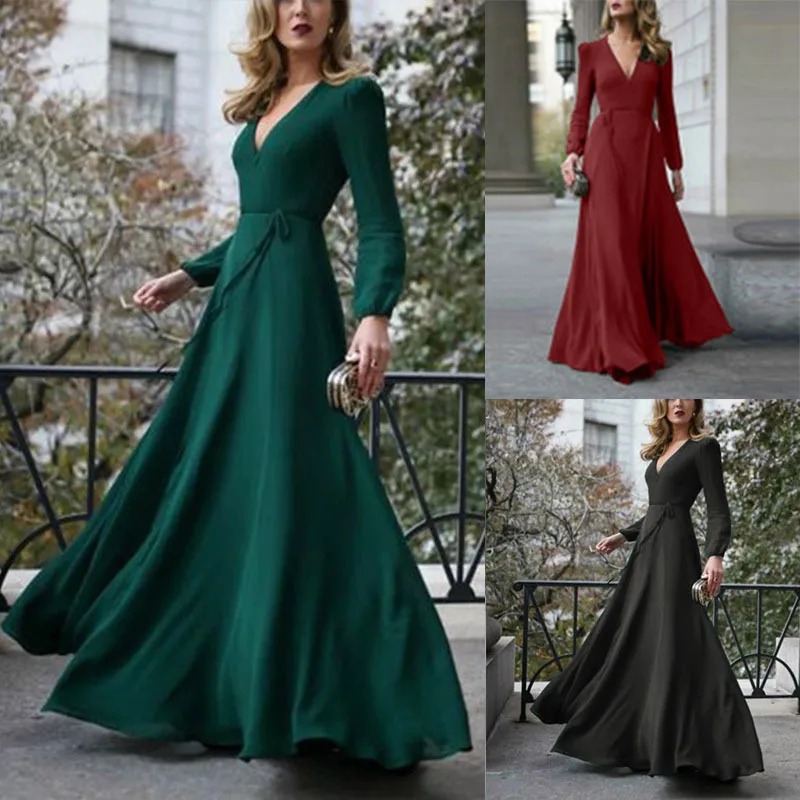 

2019 New Style Europe And America WOMEN'S Dress Hot Selling Long Sleeve V-neck Big Hemline Dress Lace-up Long Skirts