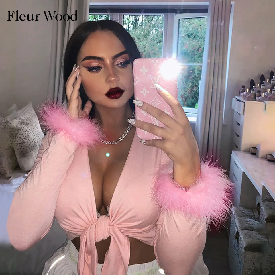 

FLEUR WOOD Woman Tshirts V-Neck Tops Sexy Femme T-shirts Long Sleeve T-shirt Autumn And Winter Women Clothes 2020 ropa de mujer