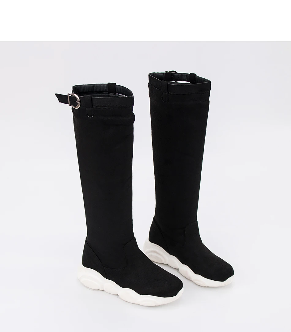 Большие размеры 34-46; женские высокие сапоги из искусственной кожи; повседневные осенне-зимние сапоги для верховой езды на плоской подошве с ремешком и пряжкой на молнии; обувь Mujer