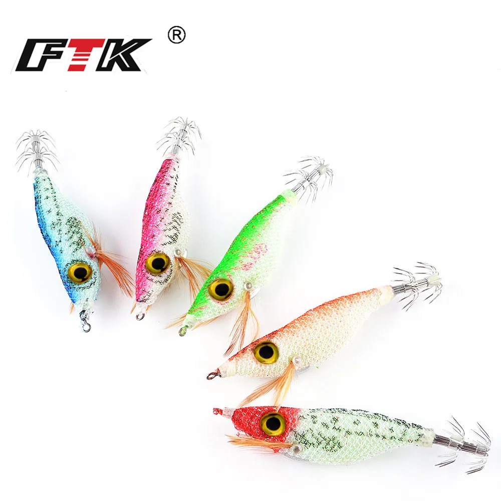 FTK деревянные креветки Lure1PC 10 см 8 г светильник с большими глазами деревянная светящаяся креветка-кальмар приманка для джигинга приманки с крючками для кальмара 5 цветов