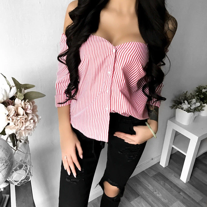 2020 Stripe Blouse Women Autumn Long Sleeved Shirts Tops Fashion Off Shoulder Button Blouses Strapless Slash Neck Blouse Clothes