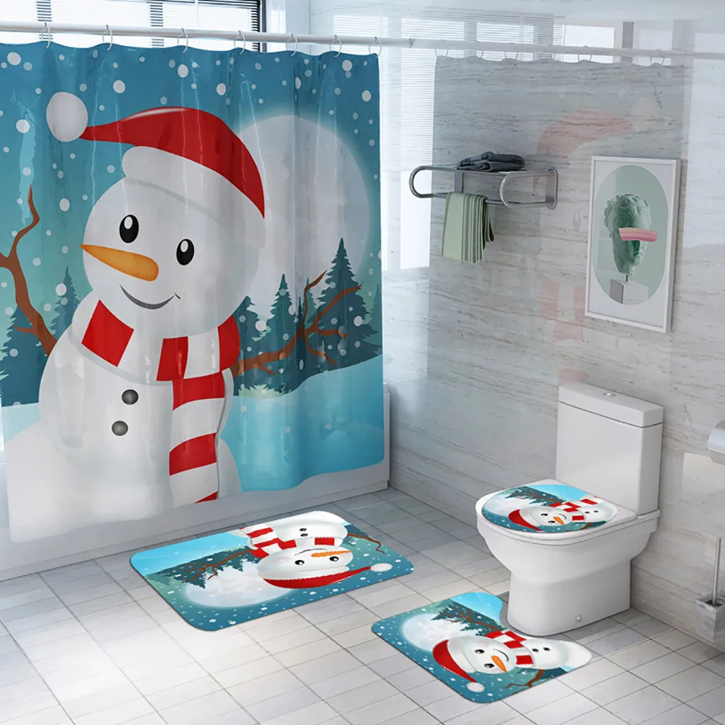 

4PCS Non Slip Toilet Polyester Cover Mat Set Christmas Bathroom Shower Curtain Print Non Slip Toilet Seat European Pattern