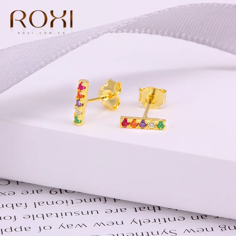 ROXI минималистичные 925 пробы серебряные серьги-гвоздики золотые разноцветные CZ радужные серьги с кристаллами для женщин модные ювелирные изделия подарок