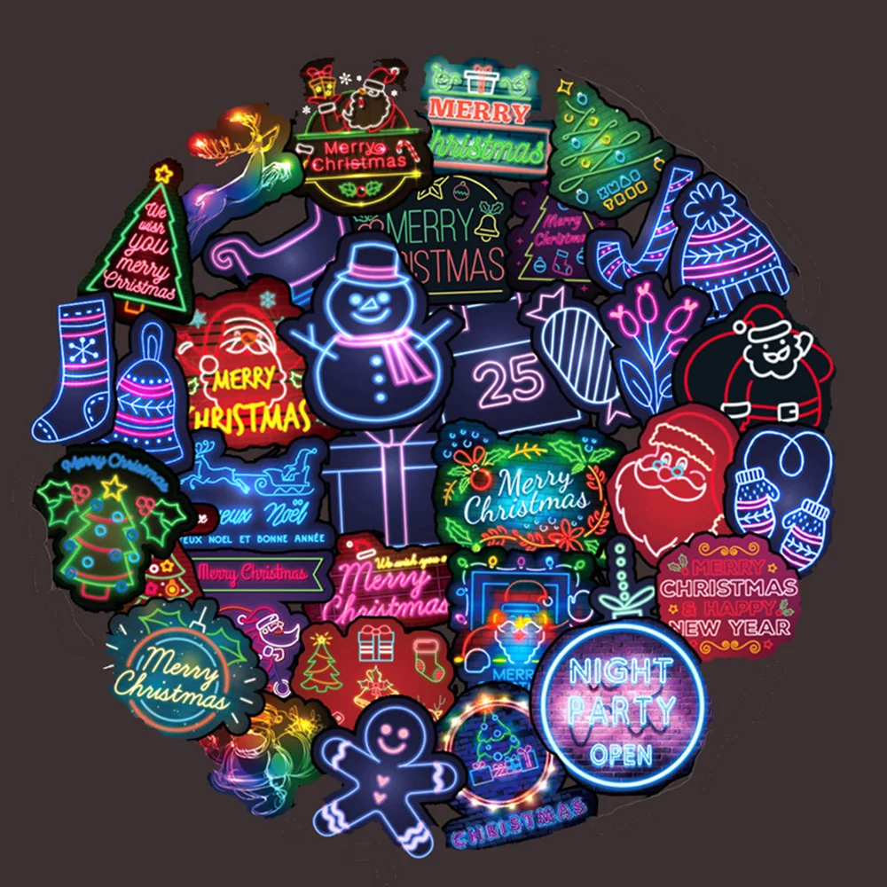 

50Pcs/lot Neon Light Sticker Halloween Christmas Gifts Anime Icon Animal Cute Decals Stickers for Laptop Suitcase Fridge Car
