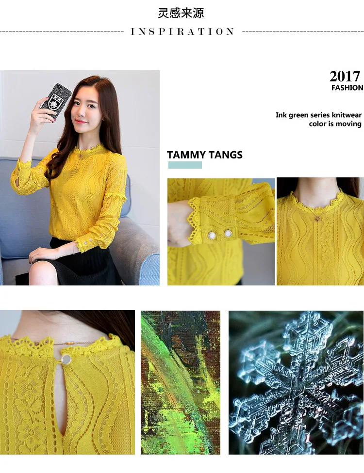 spring autumn Women Crochet Blouse Lace Chiffon Shirt White/Black Basic Shirt Ladies Stand Collar Ruffles Blusas Femininas