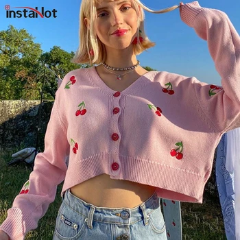 

JRYYT Korean Style Cute Cherry Cardigans Casual Sweater Women Thin Cardigan Fashion Fulle Sleeve Autumn Crop Top Mujer 2020