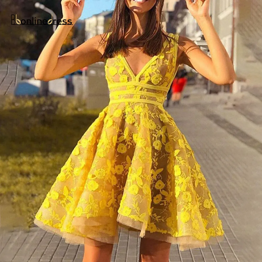 

Bbonlinedress Yellow Homecoming Dress 2020 Lace v neck backless Above Knee Mini Party Gowns vestido de cocktail Dresses