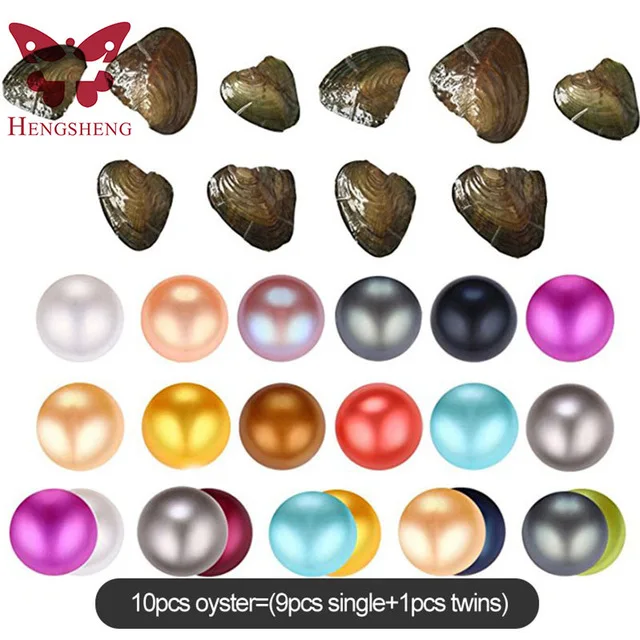 

10PCS of Mix Colors 9pcs Single and 1pcs Twins 6-7 mm Freshwater Nearly Round Freshwater Cultured Pearl Oyster(Random Color)