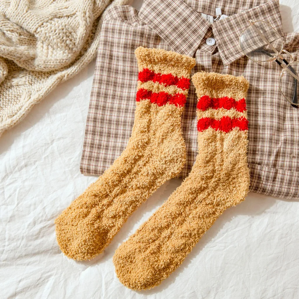 Женские носки; сезон осень-зима; полосатые плюшевые носки-тапочки; плотные теплые носки из кораллового флиса; милые женские носки для девочек; цвет желтый