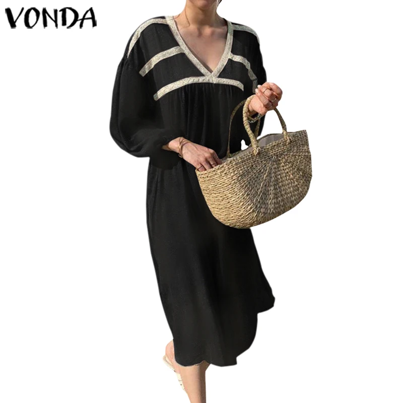 VONDA, летнее женское сексуальное платье с v-образным вырезом, длинным рукавом-фонариком, в полоску, Платья для вечеринок, свободное богемное длинное платье, винтажное платье - Цвет: Тёмно-синий