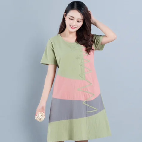 Summer Dress Women Beach Short sleeve O neck Patchwork A-Line Cotton Linen dress vestidos Plus size lady Clothing DA736 | Женская одежда