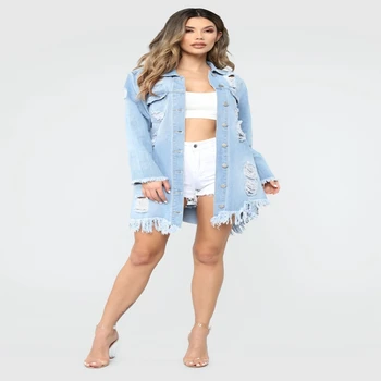 

Womens Hole Patch Denim Ripped Jeans Distressed Denim Long Jacket Coat Outwear Denim Ripped Jeans Distressed Long Jacket Coat
