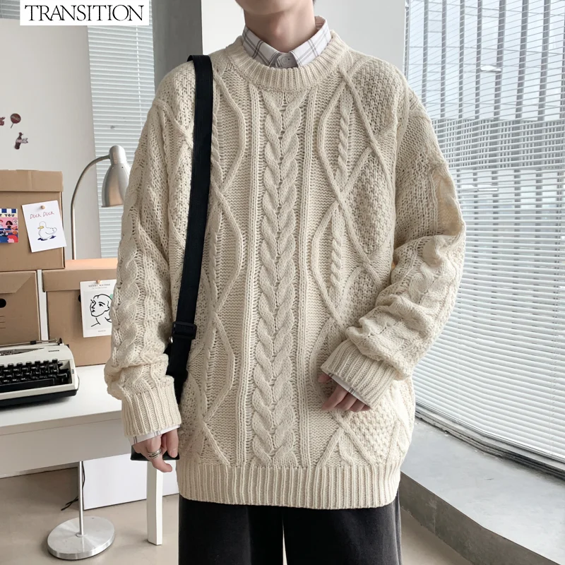 

2021 new winter thick retro twist solid color round neck pullover sweater men