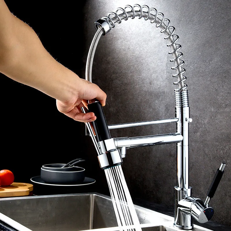 

Black Full Copper Extraction Pull Type Kitchen Faucet Hot And Cold Water Tank Flexible Press Universal Spring Dish Basin Hose