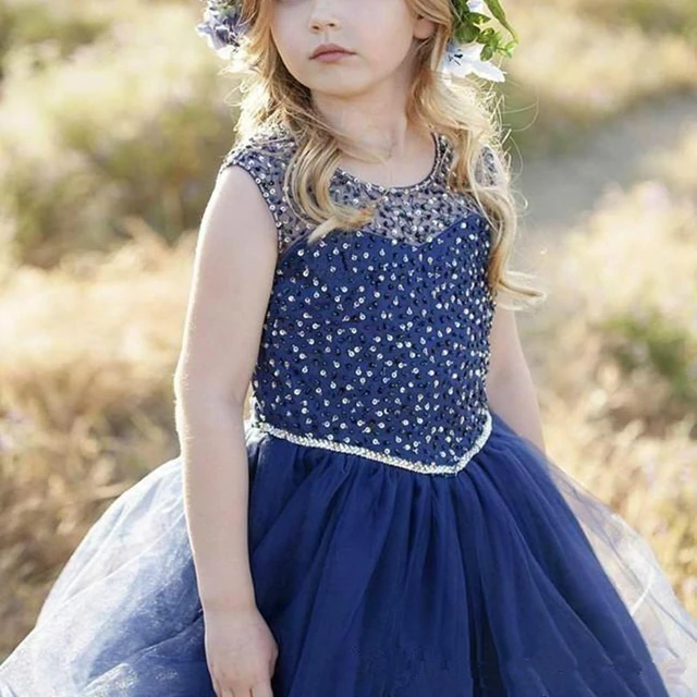 Falda de niña de las flores azul marino, tutú cosido, ropa de niña