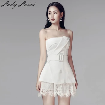 

2020 Summer New Fashion High quality Celebrity Two-piece Set Spaghetti Strap Sashes Slim Top+Lace Shorts Suit For Women