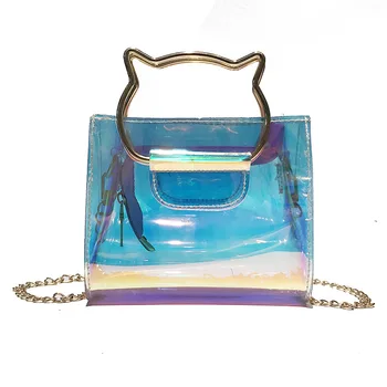 

Korean version of summer transparent laser handbags personalized cat handle handbag chain shoulder slung small square bag