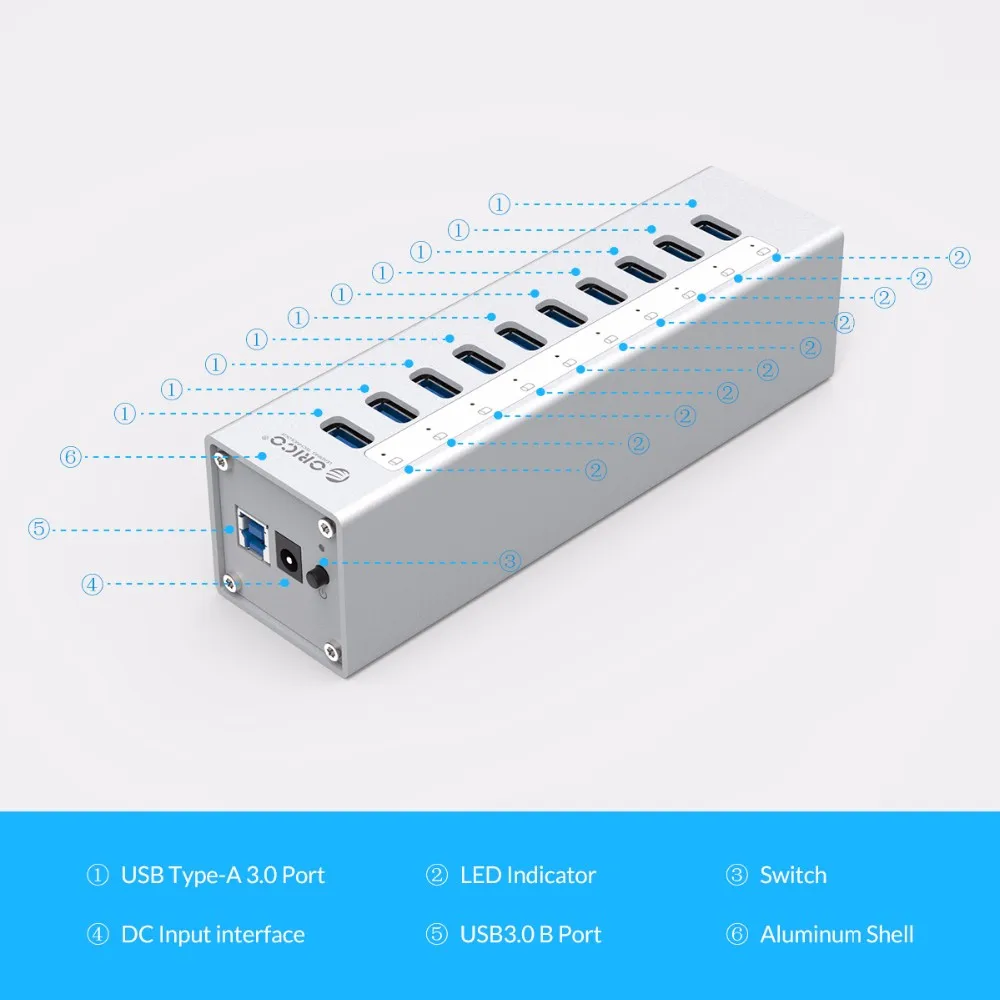 ORICO A3H10 USB 3,0 концентратор высокого качества с адаптером питания алюминиевый 10 портов USB 3,0 концентратор-серебро