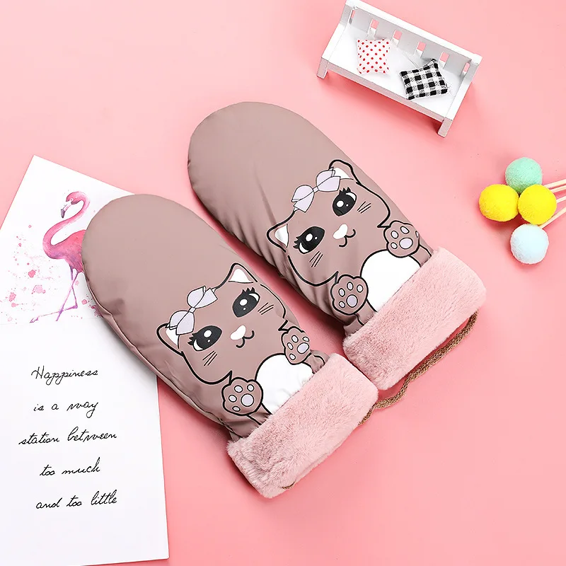 Khaki H10027 зимние женские перчатки для игр на открытом воздухе, водонепроницаемые ветрозащитные рукавицы с принтом кошки, женские теплые милые рукавицы для рук - Цвет: Khaki
