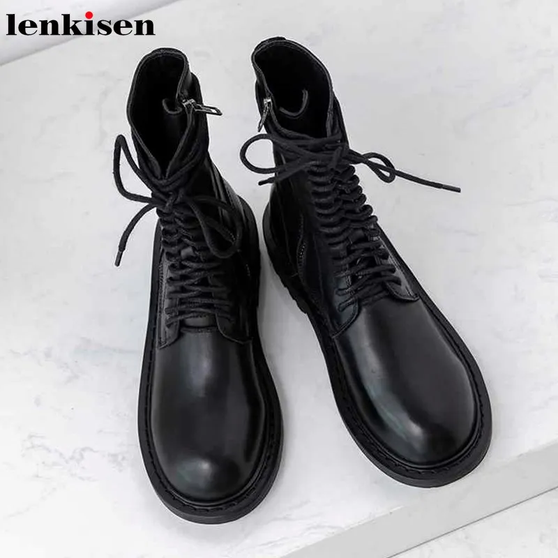 

Lenkisen vintage round toe genuine leather lace up side zipper med heels solid leisure style women winter mid-calf boots L18