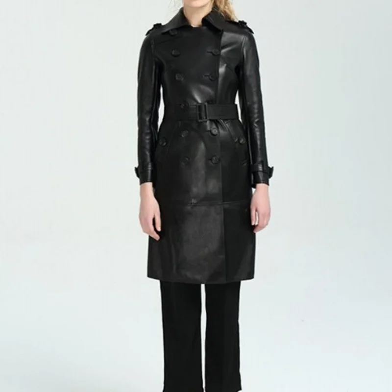 

Slim Brand Sheepskin Overcoat Female Street 100% Real Leather Long Jacket Elegant Sashes Double Breasted Office Windbreakers