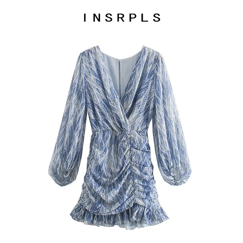 Мини платье женское Плиссированное со змеиным принтом длинным рукавом и поясом