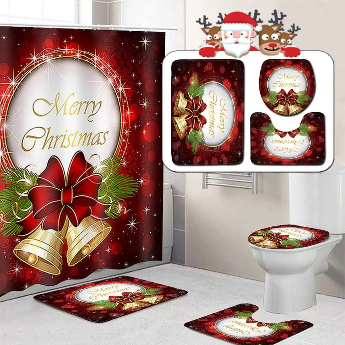 Merry Christmas набор для ванной Снеговик Дед Мороз Санта колокольчик лося узор водонепроницаемый Душ шторы Туалет крышка коврик нескользящий ковер