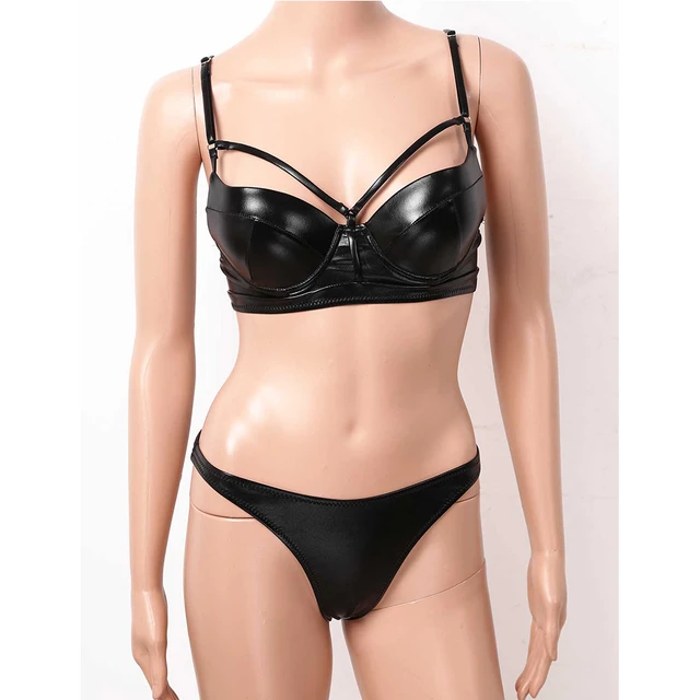 Women Black Faux Leather Swimwear Sexy Bikini Set Spaghetti Straps