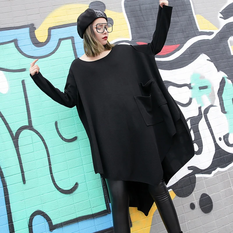[EAM] черный свободное асимметричное платье с О-образным вырезом длинный рукав односторонняя Растяжка с двойным карманом, на весну и зиму Для женщин модные тенденции JH484