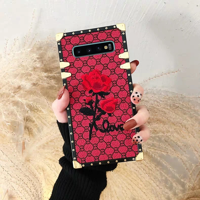 For Samsung Galaxy S10 S9 S8 Plus Note 9 A50 A70 Square Back Cover 3D Embroidery Rose Flower Phone Case Luxury Metal Rivet Frame - Цвет: 2 no lanyard