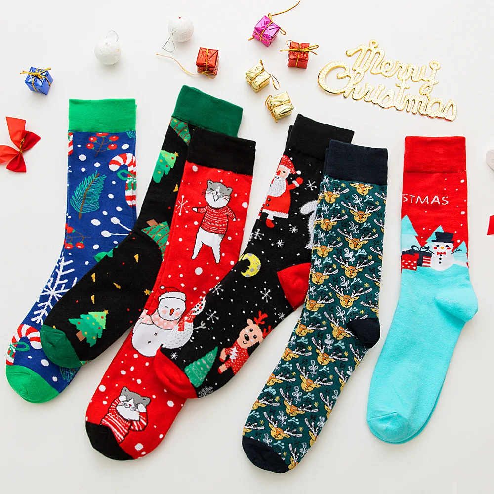 SANZETTI Men?s Colorful Happy Socks Combed Cotton New Year Santa Claus Tree Snow Elk Christmas Socks Dress Breathable Gift Socks