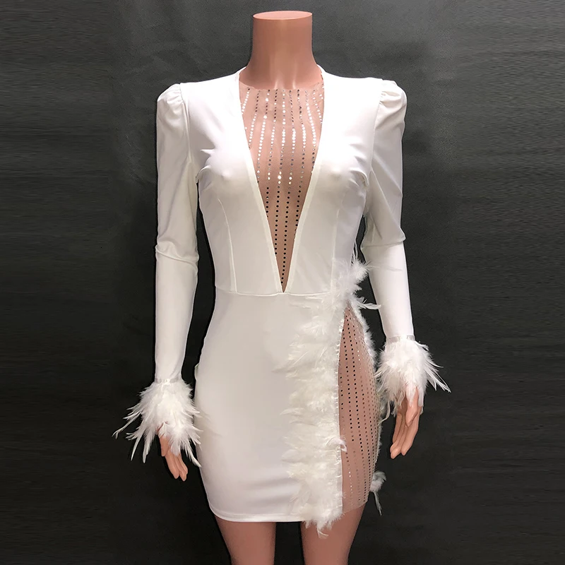Feditch перо вечерние платья пэчворк с длинным рукавом облегающее платье женское прозрачное глубокое летнее V образным вырезом сексуальное платье для клуба; Vestidos